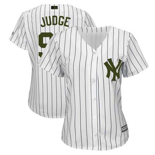Womens New York Yankees #99 Aaron Judge White Strip 2018 Memorial Day Cool Base Stitched Baseball Jersey Dzhi